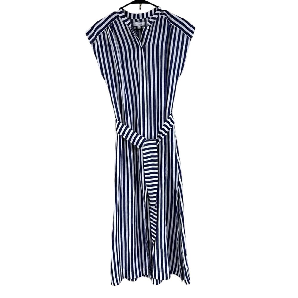 AYR Linen Sunset Midi Dress S Blue White Stripe Coastal Travel Resort Luxury - Picture 2 of 9